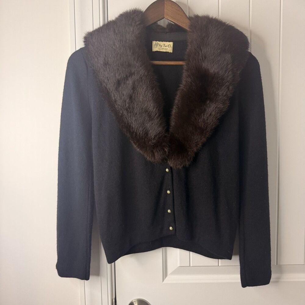 VTG 1950s 1960s City Fur Co. Black Cardigan Sweater Faux Fur Collar Turbo Orlon